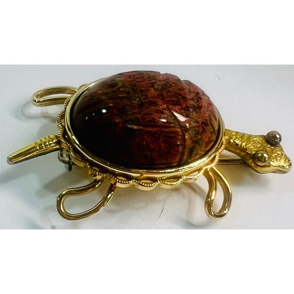 Vtg Krementz Gold-Turtle Brooch Pin Egyptian Revival Scarab 1.5" Unakite Brown - Picture 3 of 5